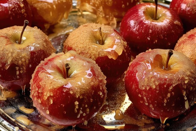 Zdjęcie słodkie glazurowane słodkie czerwone jabłka karmelowe typowe dla festa junina z pałeczkami o nazwie toffee apples generative ai