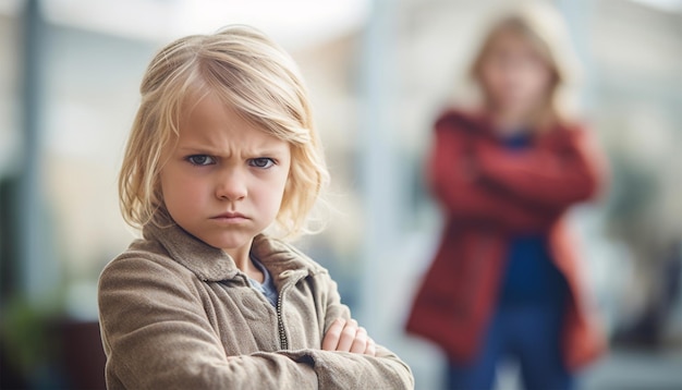 Słodkie gniewne dziecko Zaburzenie deficytu uwagi i nadpobudliwości ADHD Koncepcja Gniewny chłopiec dziewczyna krzyczący