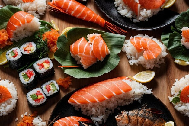 Słodkie i smaczne świeże danie z owoców morza z sushi, sashimi i wasabi przez Generative AI