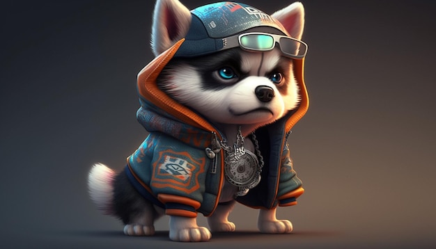 Słodkie i urocze kreskówki husky z hiphopową tkaniną Ai wygenerowaną grafiką