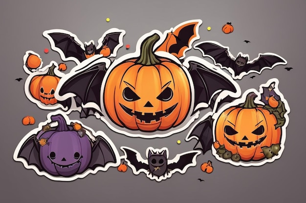 Zdjęcie słodkie ilustracje wektorowe z halloween, naklejki, nietoperze, postacie z kreskówek, dynia, drzewo duchów