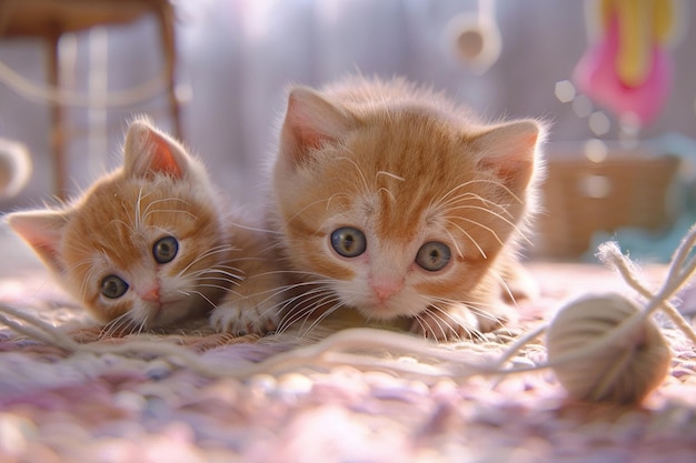 Zdjęcie słodkie kociaki bawiące się przędzy
