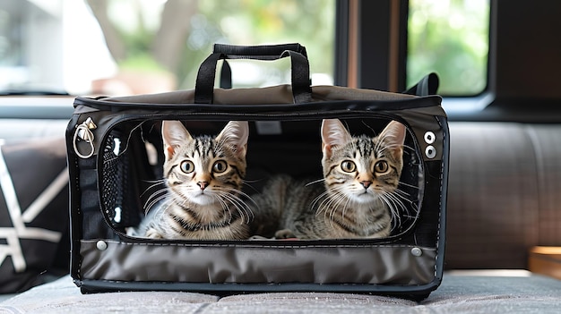 Słodkie kociaki siedzące w torbie podróżnej