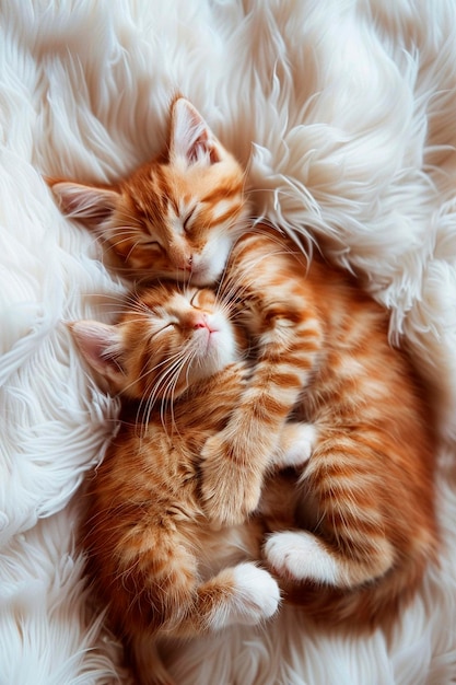 Słodkie kociaki śpią na łóżku.