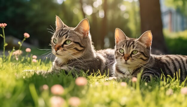 Słodkie kociaki w trawie latem