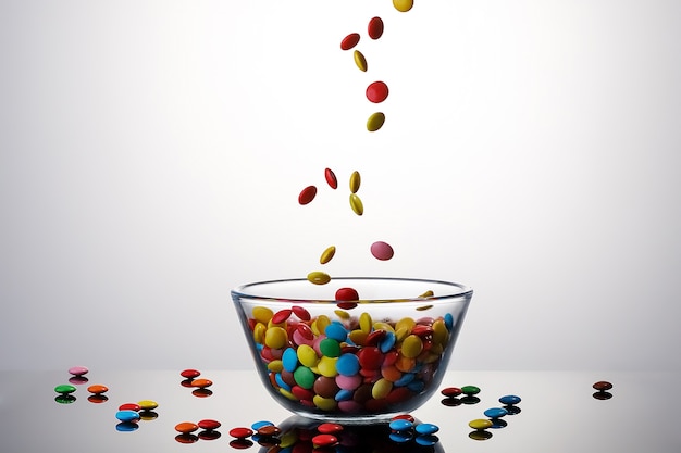 Słodkie Kolorowe Cukierki Powlekane Czekoladą Wpadają Do Miski Szklanej Na Białym Stole.