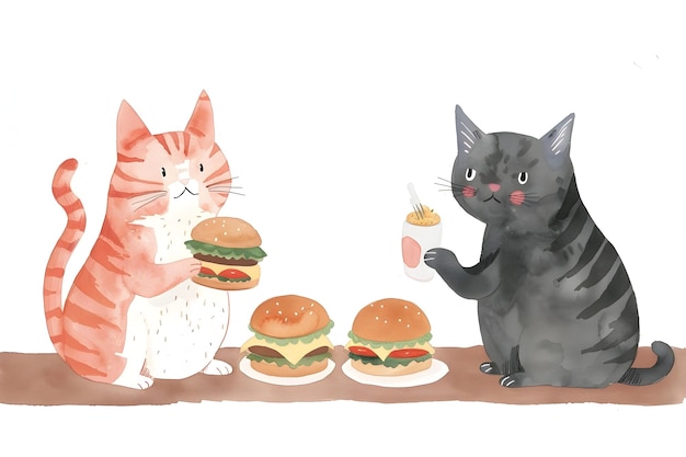 Słodkie koty z kreskówek i ich zwierzęce przyjaciele cieszą się hamburgerami w minimalnej akwareli