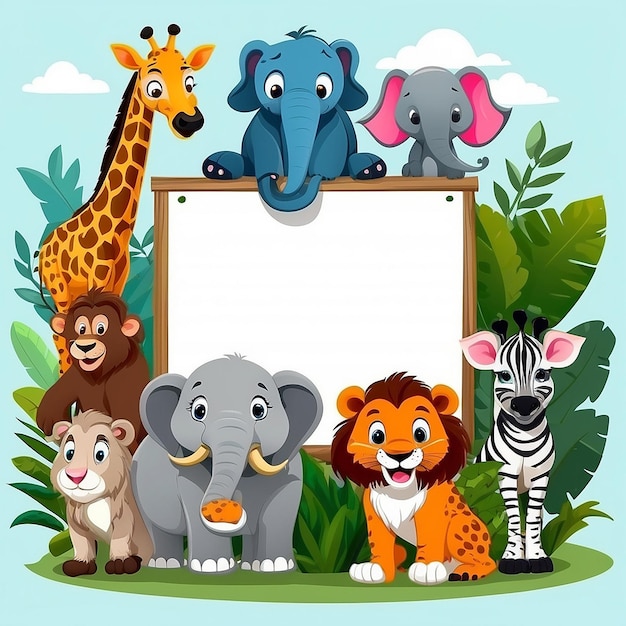 Słodkie kreskówki z dzikimi zwierzętami na pustej tablicy