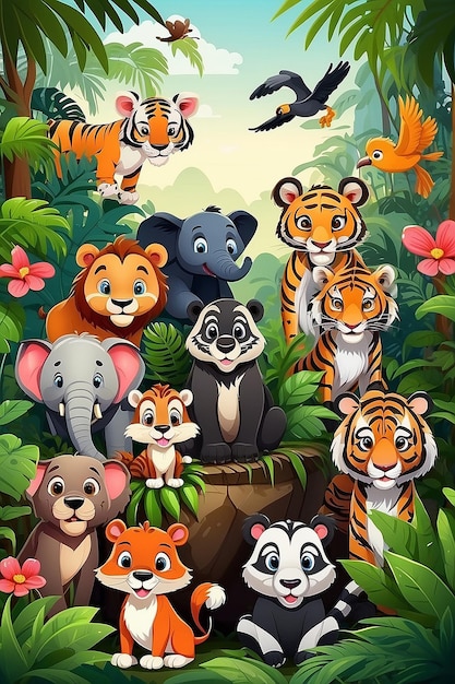 Słodkie kreskówki z dzikimi zwierzętami w dżungli