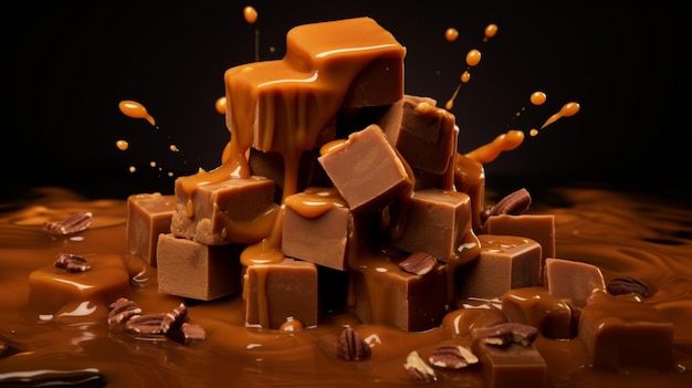 Słodkie krówki Fotorealistyczna ilustracja pozioma Słodki deser z wyrobów cukierniczych AI Wygenerowano jasną ilustrację z pysznymi smakowymi krówkami