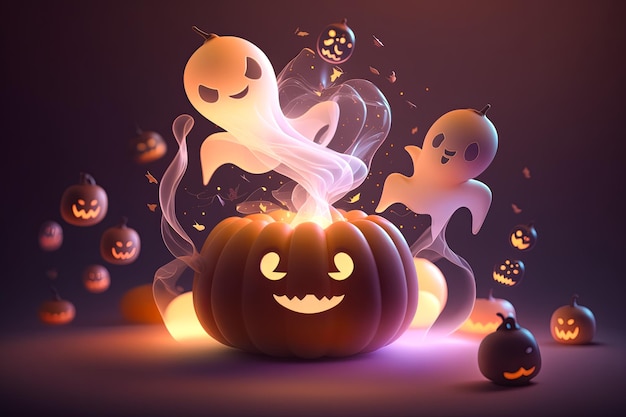 Słodkie małe duchy latające wokół dyni temat Halloween ilustracja tła