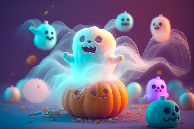 Słodkie małe duchy latające wokół dyni temat Halloween ilustracja tła