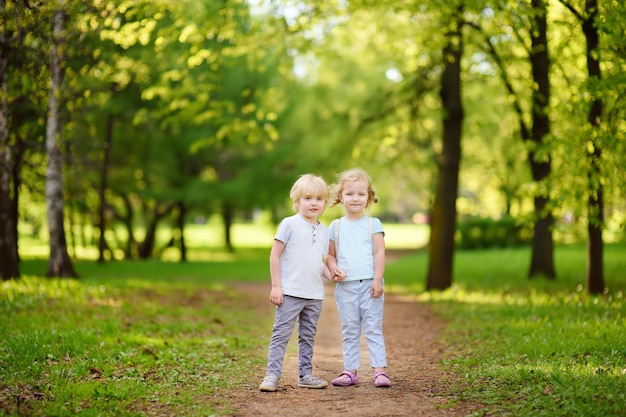 Słodkie Małe Dzieci Bawiące Się Razem I Trzymając Się Za Ręce W Słoneczny Letni Park