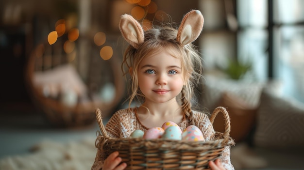 Słodkie małe dziecko nosi uszy króliki i trzyma koszyk z pomalowanymi jajkami na Wielkanoc