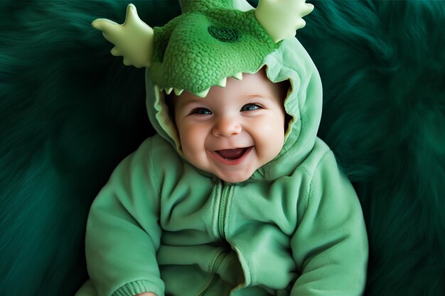Zdjęcie słodkie małe dziecko w zielonym kostiumie smoka siedzące w łóżku w domu ilustracja słodkiej sesji zdjęciowej dziecka.