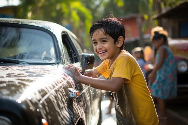 słodkie małe indyjskie dziecko myje samochód mydłem i gąbką