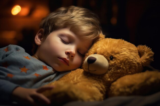 Słodkie marzenia Mały chłopiec spokojnie śpi na poduszce ze swoją ukochaną zabawką Spokojna dzieciństwo drzemka