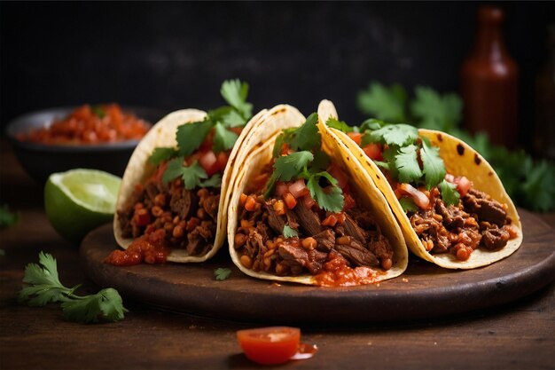 Słodkie meksykańskie tacos wypełnione przyprawioną wołowiną i fasolą w bogatym sosie pomidorowym