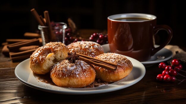 słodkie pączki z cukrem i kawą