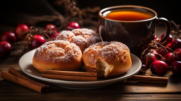 słodkie pączki z cukrem i kawą