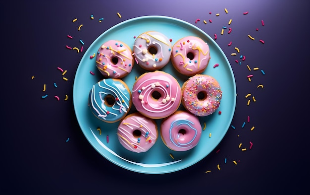 Słodkie pączki z różnymi kolorowymi polewami posypuje zabawną fotografię jedzenia zbliżenie