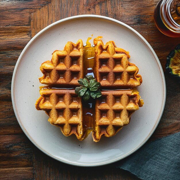 słodkie pieczone wafle z miodem na talerzu na drewnianym stole