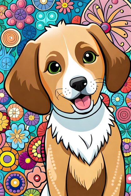 Słodkie postacie z kreskówek z psami z kwiatowym tłem generatywny ai
