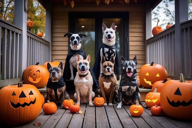 Zdjęcie słodkie psy w kostiumach halloween siedzące na ozdobionym ganku