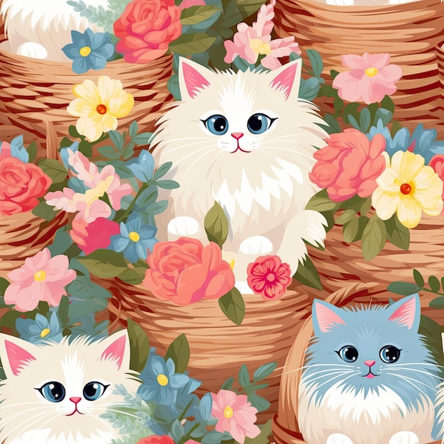 Słodkie, puszyste koty w koszach z kwiatami.