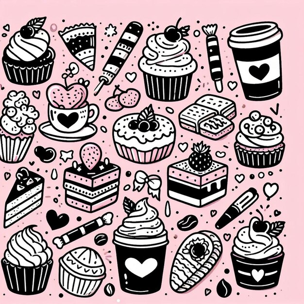 słodkie słodkie cukierki ciasto kawa doodle kolorowa ilustracja