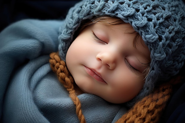 Słodkie śpiące białe nowo narodzone dziecko w szytej czapce.
