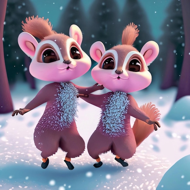 Zdjęcie słodkie, urocze dwie małe wiewiórki tańczące w śniegu w lesie w stylu animacji
