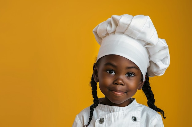 Słodkie uśmiechnięte afrykańskie dziecko w mundurze szefa kuchni kapelusz i ubrania zwykłe tło kulinarne studio gotowania