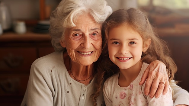 Słodkie zdjęcie babci i wnuczki uściskające się stworzone za pomocą technologii Generative Al