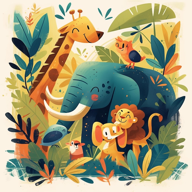 Słodkie zwierzęta z kreskówek w dżungli ilustracja dla dzieci