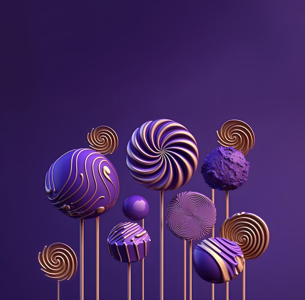 Słodycze Ilustracja przedstawiająca słodkie lizaki na fioletowym tle z miejsca na kopię Generacyjna sztuczna inteligencja