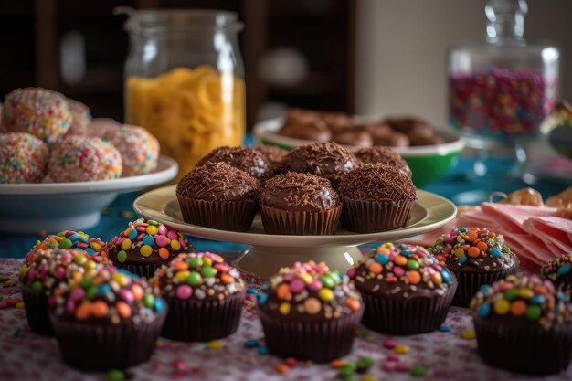 Słodycze impreza kolorowy stół wypełniony cupcakes brigadeiros i cukierki ozdobione generatywne IA