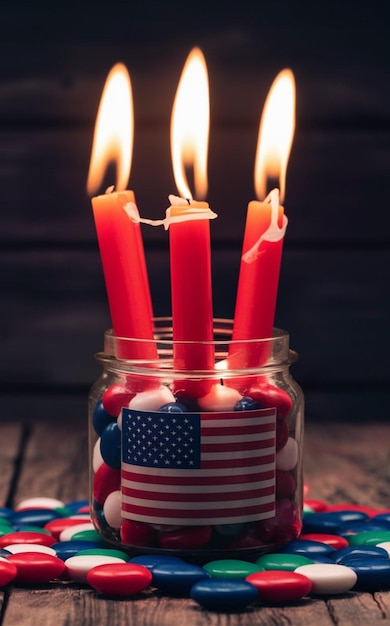słoik czerwonych świec z amerykańską flagą