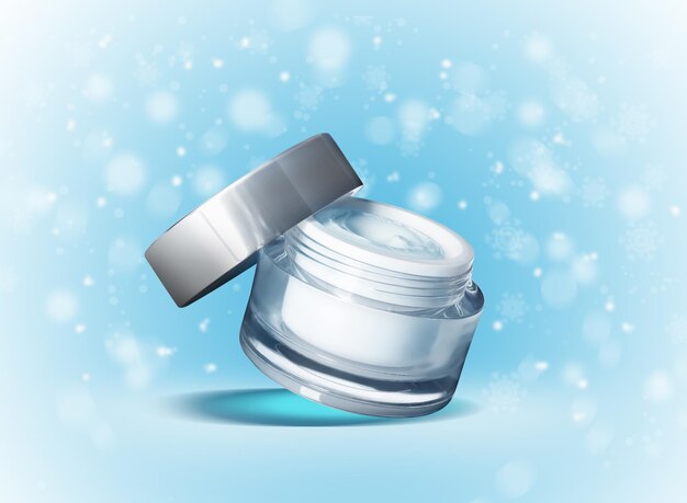 Słoik kremu kosmetycznego na jasnoniebieskim tle z niewyraźnymi płatkami śniegu Zimowa pielęgnacja skóry