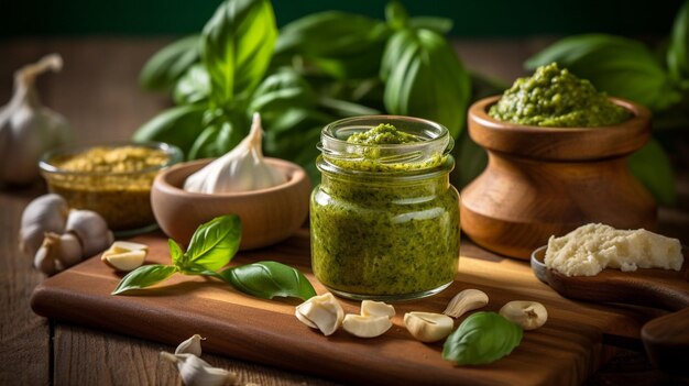 Słoik pesto z czosnkiem i bazylią na drewnianej desce do krojenia.