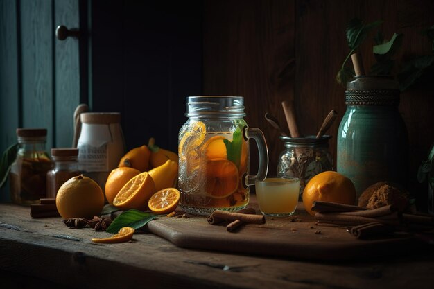 Słoik pomarańczy i słoik lemoniady z laskami cynamonu na stole.