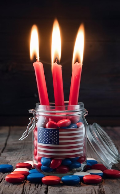 Zdjęcie słoik z cukierkami z flagą i świecą w nim