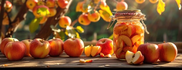 Słoik z jabłkami na drewnianym stole