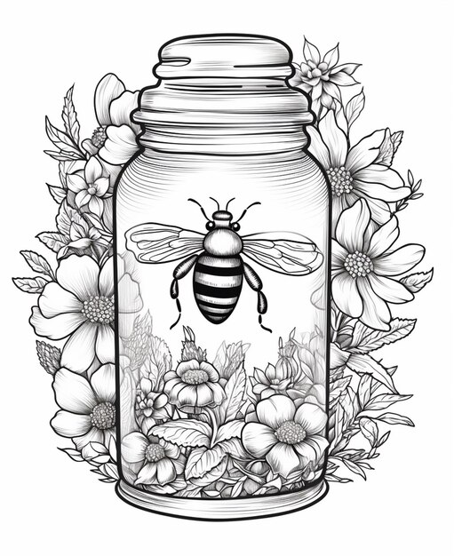 Zdjęcie słoik z pszczołą w środku i kwiatami wokół niego generatywny ai