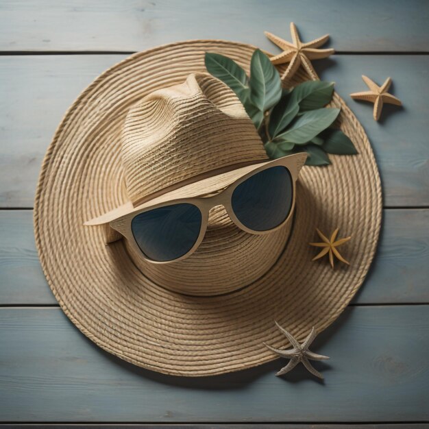 Słomkowy kapelusz z okularami przeciwsłonecznymi i słomkowy kapelusz na nim