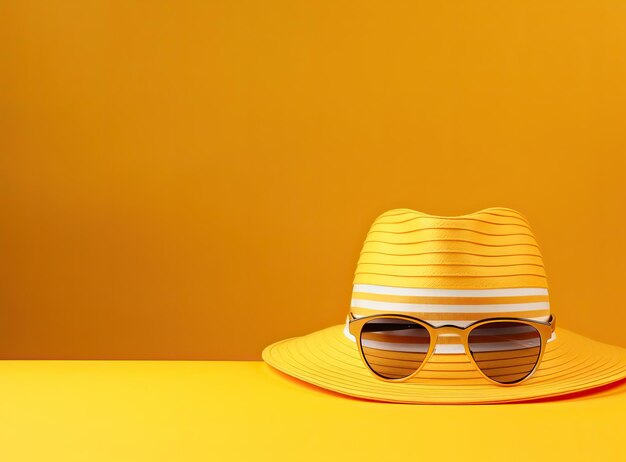 Słomy kapelusz i okulary przeciwsłoneczne na żółtym tle