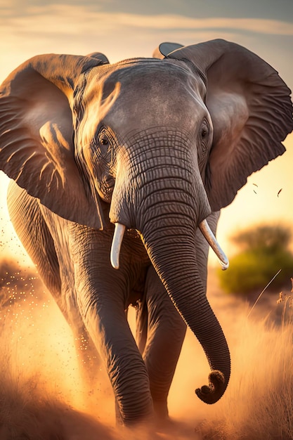 Zdjęcie słoń biegnie w akcji na polu trawy fotografia dzikiej przyrody aigenerated
