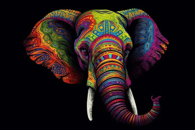 Słoń Głowa słonia z wielobarwnym ornamentem Ilustracja generatywna AI