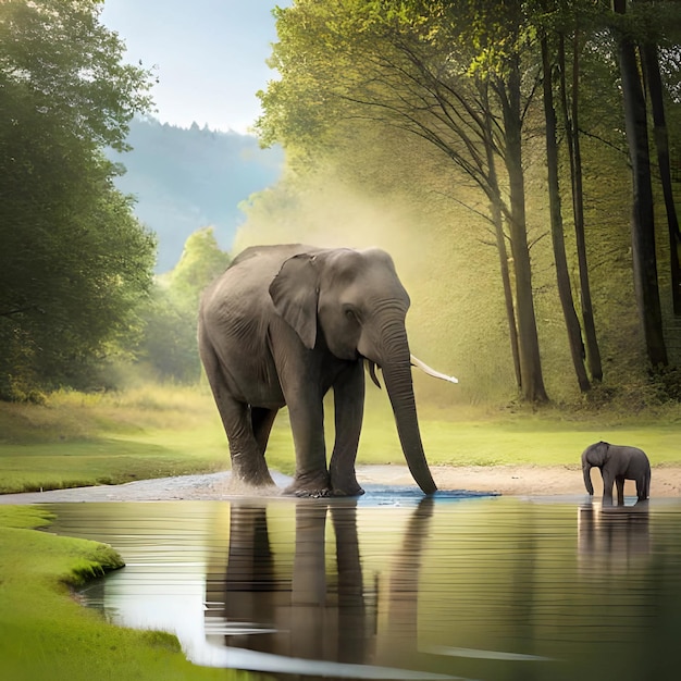 Słoń i dziecko stoją w stawie.
