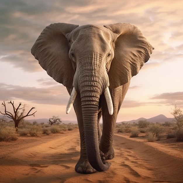 Słoń idący pustynną drogą z napisem „słoń”.